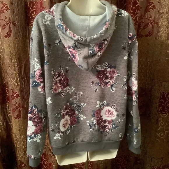 Bebop pullover Hoodie size Large grey floral with kangaroo pocket NEW - Picture 3 of 6